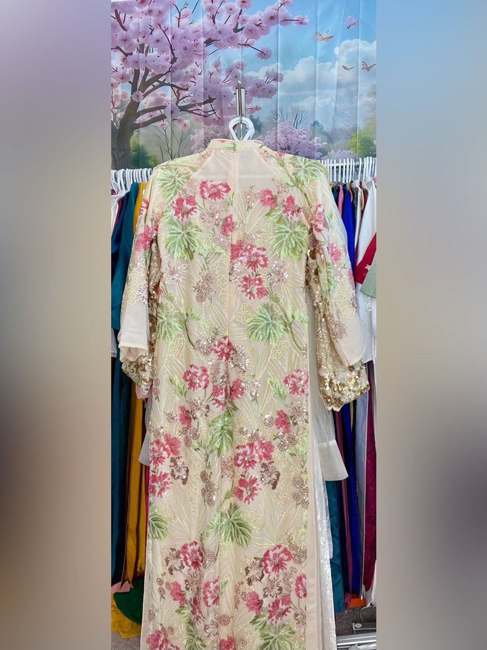 Cream pink Ao dai suông kim sa sequin Vietnamese traditional long dress set m 2 - Picture 5 of 5